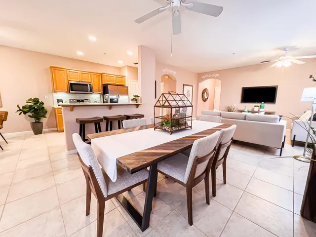 a view of a dining room with furniture