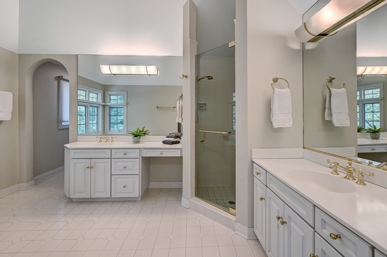 9301 Falling Waters Drive East Burr Ridge, IL 60527 - Photo 24 of 52 a spacious bathroom with a granite countertop sink a mirror a vanity and a shower