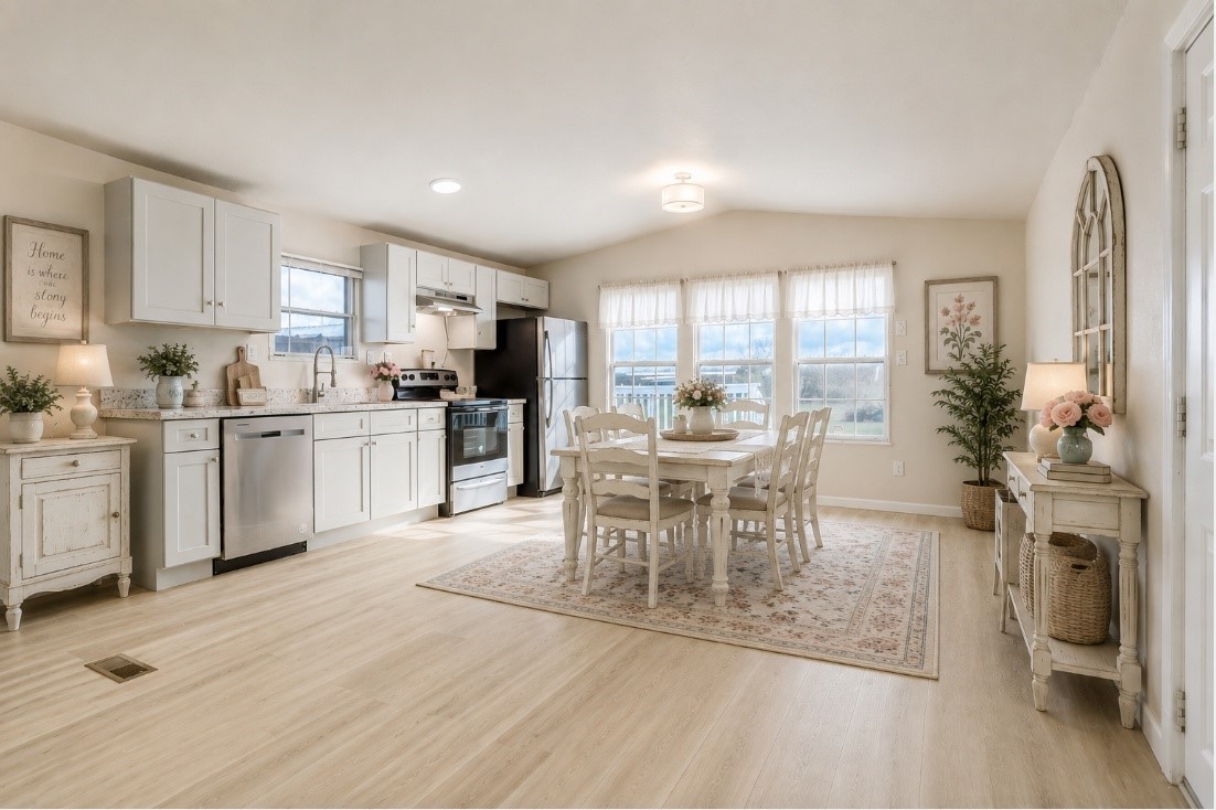 The kitchen offers granite counter tops, stainless appliances and laminate flooring.
This photo has been decorated with AI.