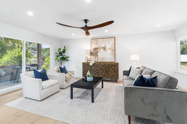 a living room with furniture and a potted plant