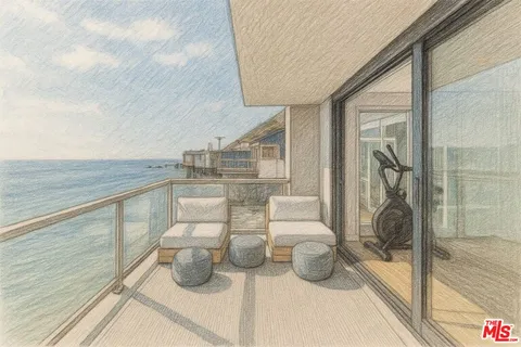 a view of roof deck with ocean view and mountain view