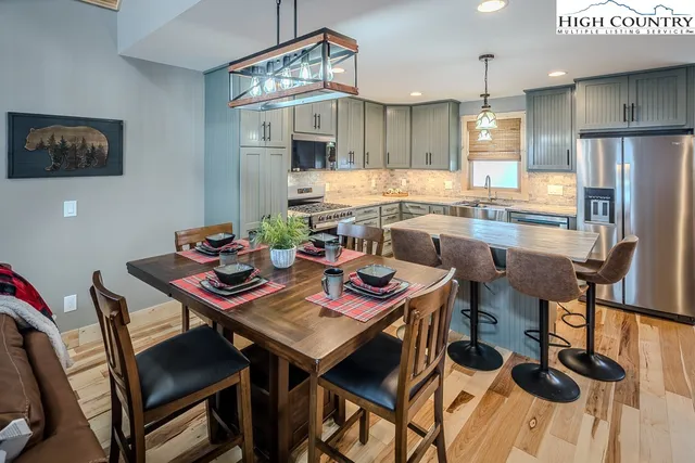 a view of a dining room with furniture
