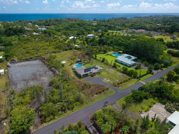 an aerial view of residential houses with outdoor space and trees