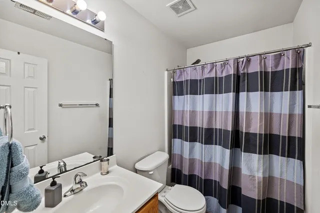 a bathroom with a sink a toilet and shower curtain