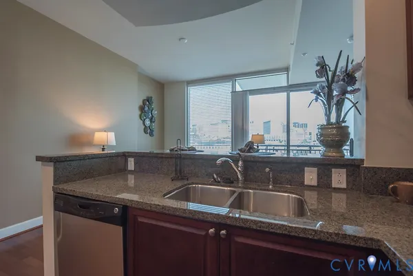a kitchen with a sink and a potted plant