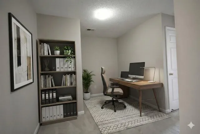 a view of a workspace with furniture