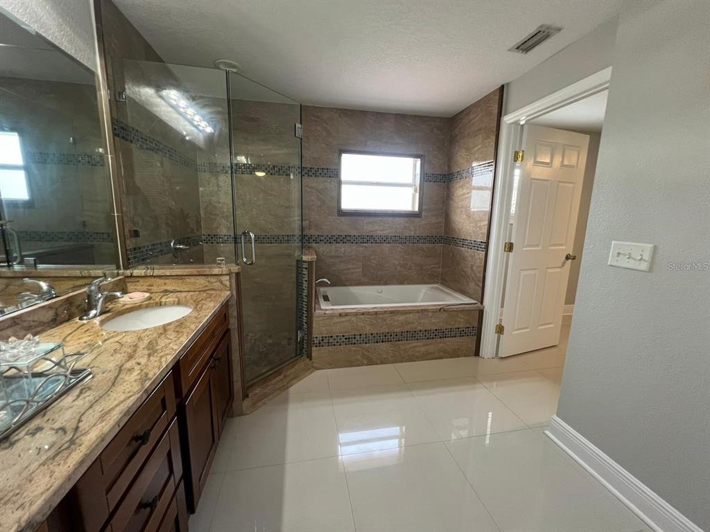 5602 Joyner Road Tampa, FL 33624 - Photo 14 of 28 a bathroom with a granite countertop sink a mirror and a bathtub