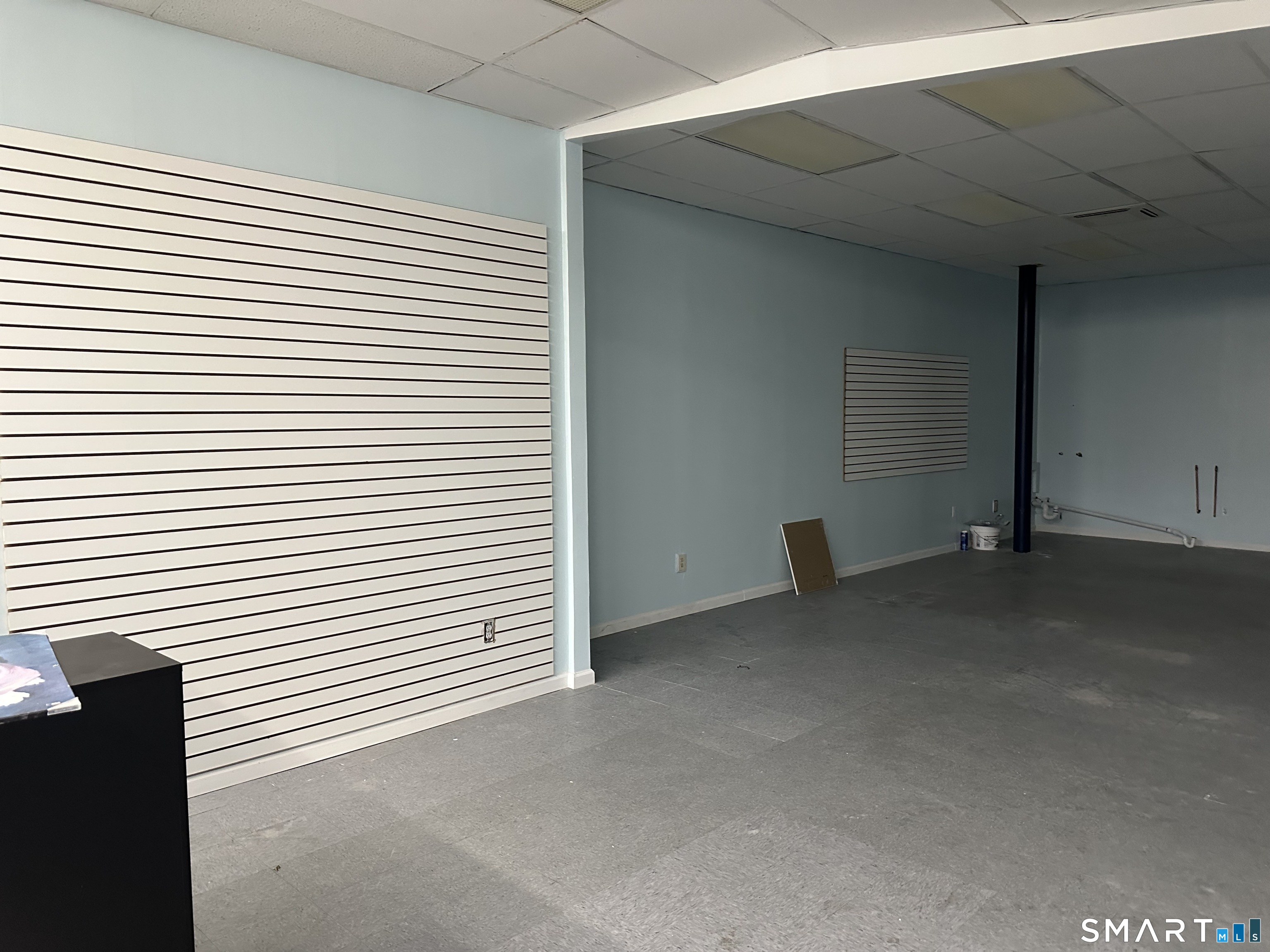 a view of a room with a window