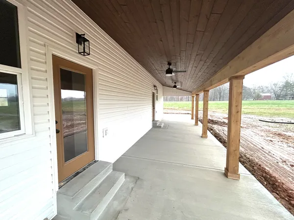 a view of a building from a hallway