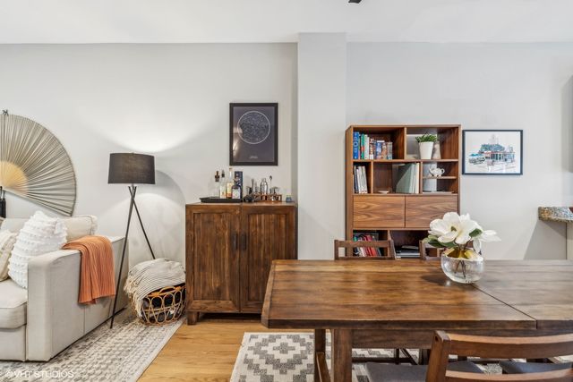a view of a dining room with furniture