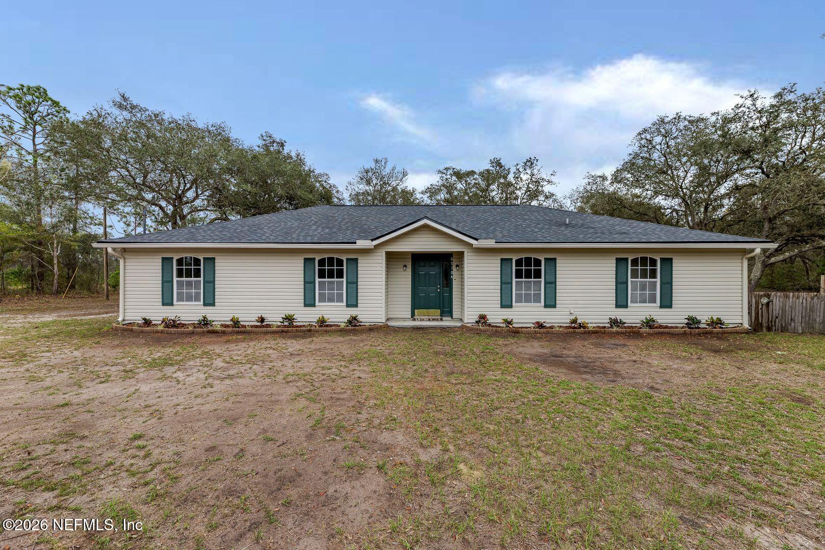 front view of a house with a patio