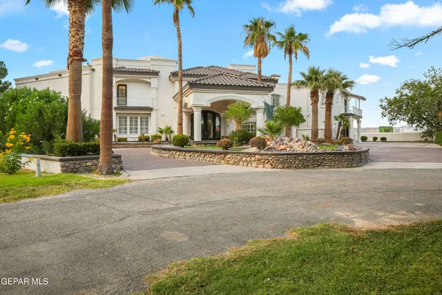 a view of a white house with a large windows and a yard with plants