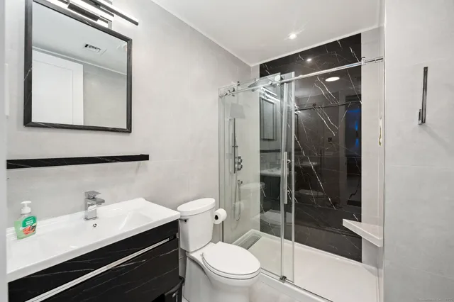 a bathroom with a shower a sink a toilet and mirror