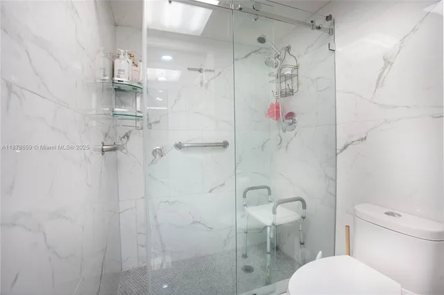 a bathroom with a shower and toilet