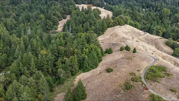 an aerial view of a house with a yard and trees