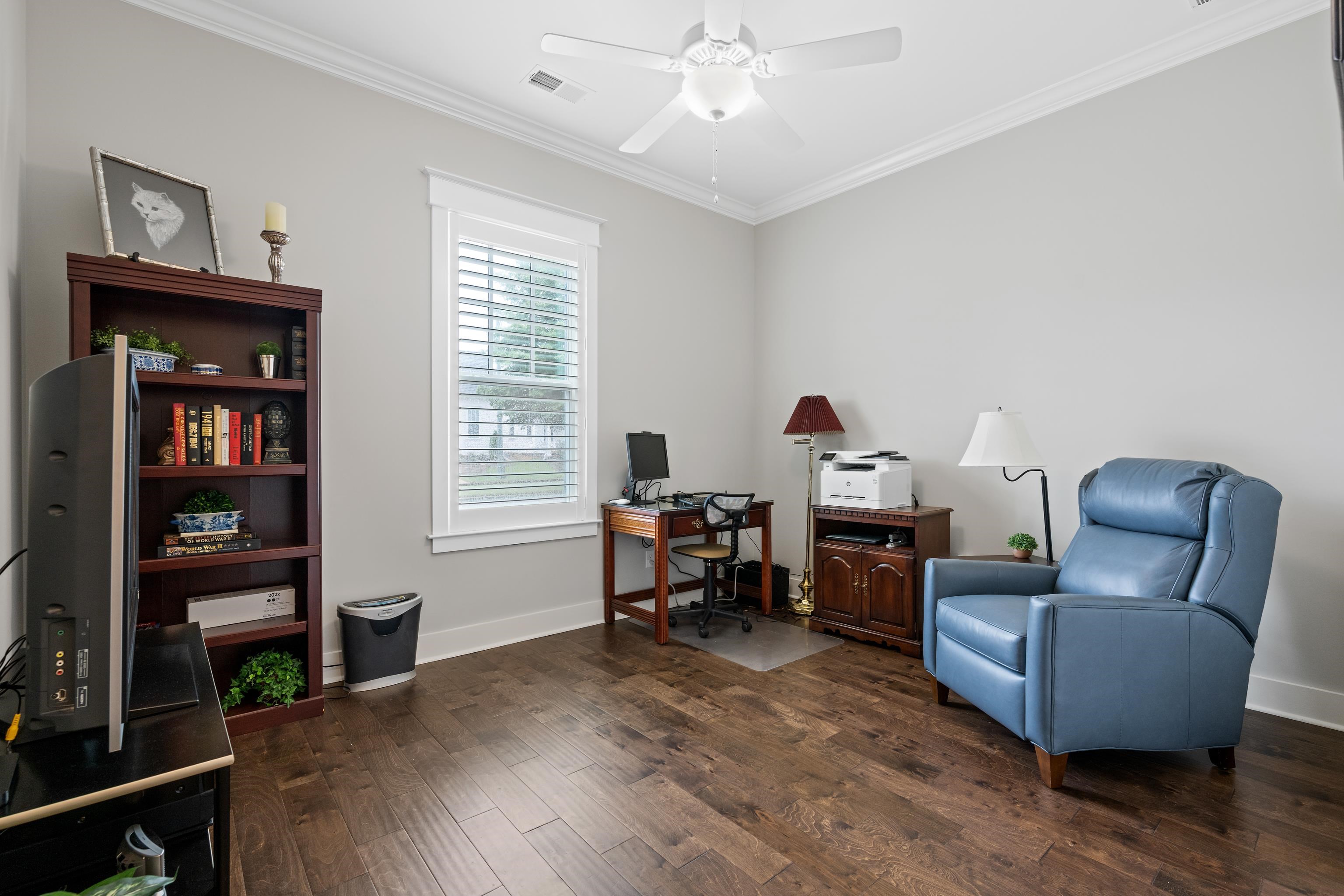 502 South Shea Road Collierville, TN 38017 - Photo 26 of 40 Office area with ceiling fan, dark hardwood / wood-style floors, and crown molding