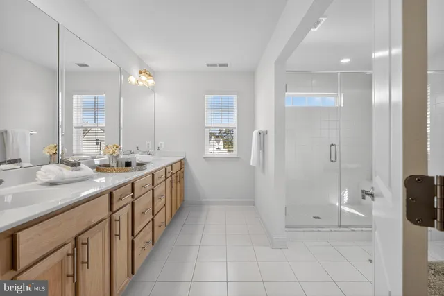 a bathroom with a double vanity sink a mirror and shower