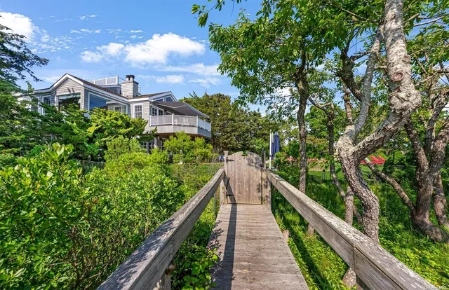 a view of a house with a yard and potted plants