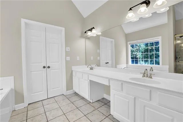 a bathroom with a double vanity sink a mirror and a shower