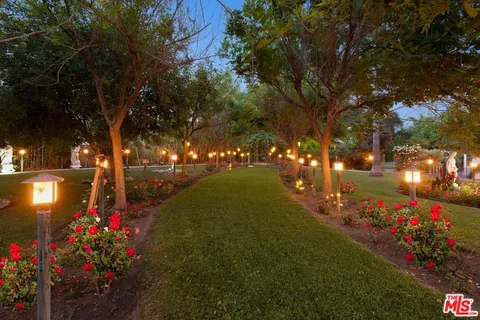 a view of a park with large trees