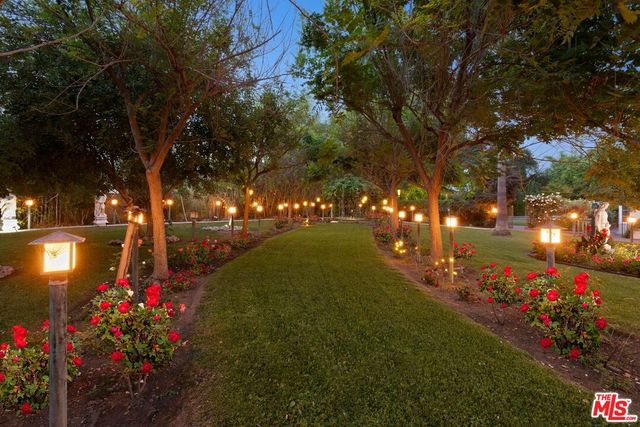 a view of a park with large trees