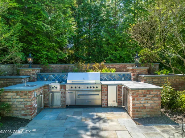an aerial view of a house with garden
