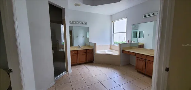 a large bathroom with a double vanity sink a mirror and a bathtub