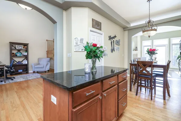 a dining room with stainless steel appliances kitchen island granite countertop a table chairs and a potted plant