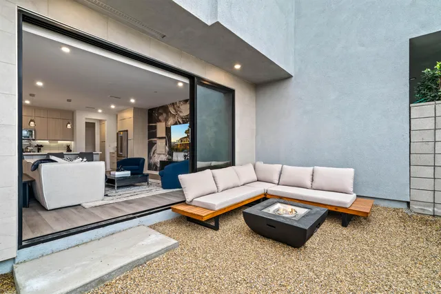 a building outdoor space with patio couch