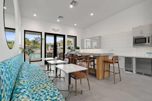 a building with table and chairs