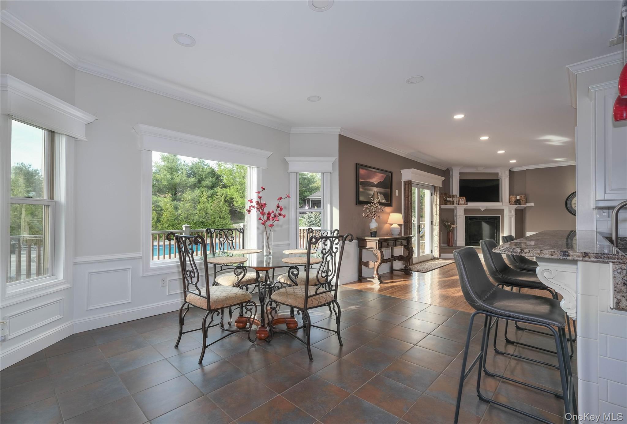 163 Hapeman Hill Road Red Hook, NY 12571 - Photo 13 of 50 Dining area featuring tile flooring, crown molding, recessed lighting, wainscoting, breakfast bar and a view of the deck and pool complex.