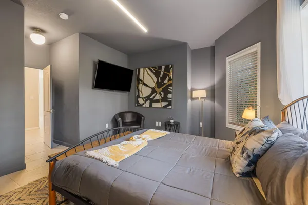 a view of a city and a mountain view