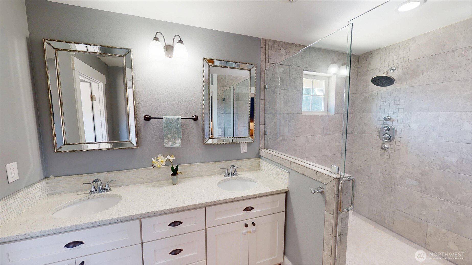 116 Alameda Avenue Fircrest, WA 98466 - Photo 22 of 33 a bathroom with a double vanity sink mirror and shower