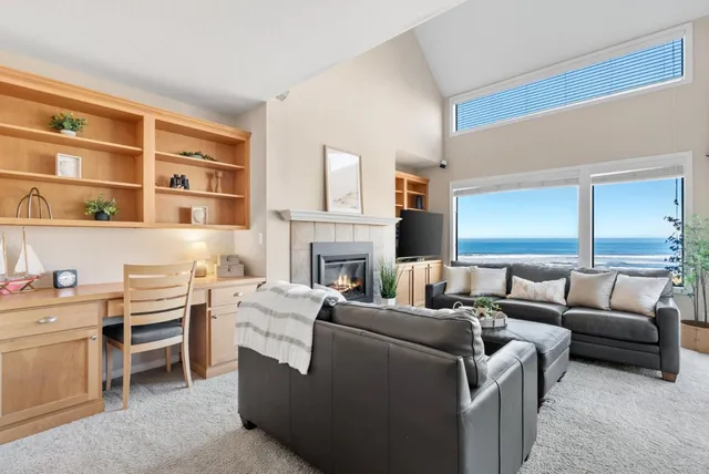 a living room with furniture a fireplace and a bookshelf