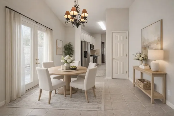 a view of a dining room with furniture and chandelier