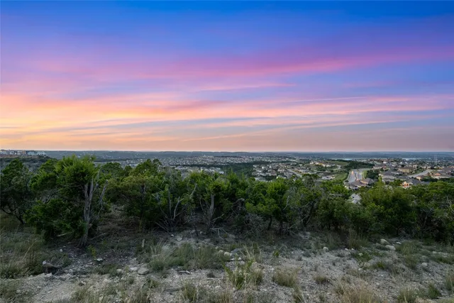 a view of a city with lush green forest