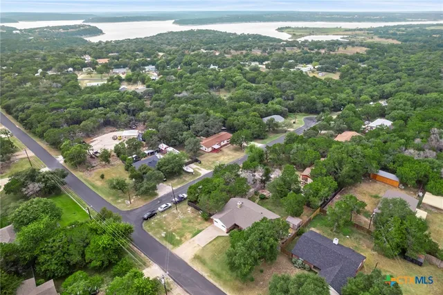 an aerial view of residential houses with outdoor space and trees