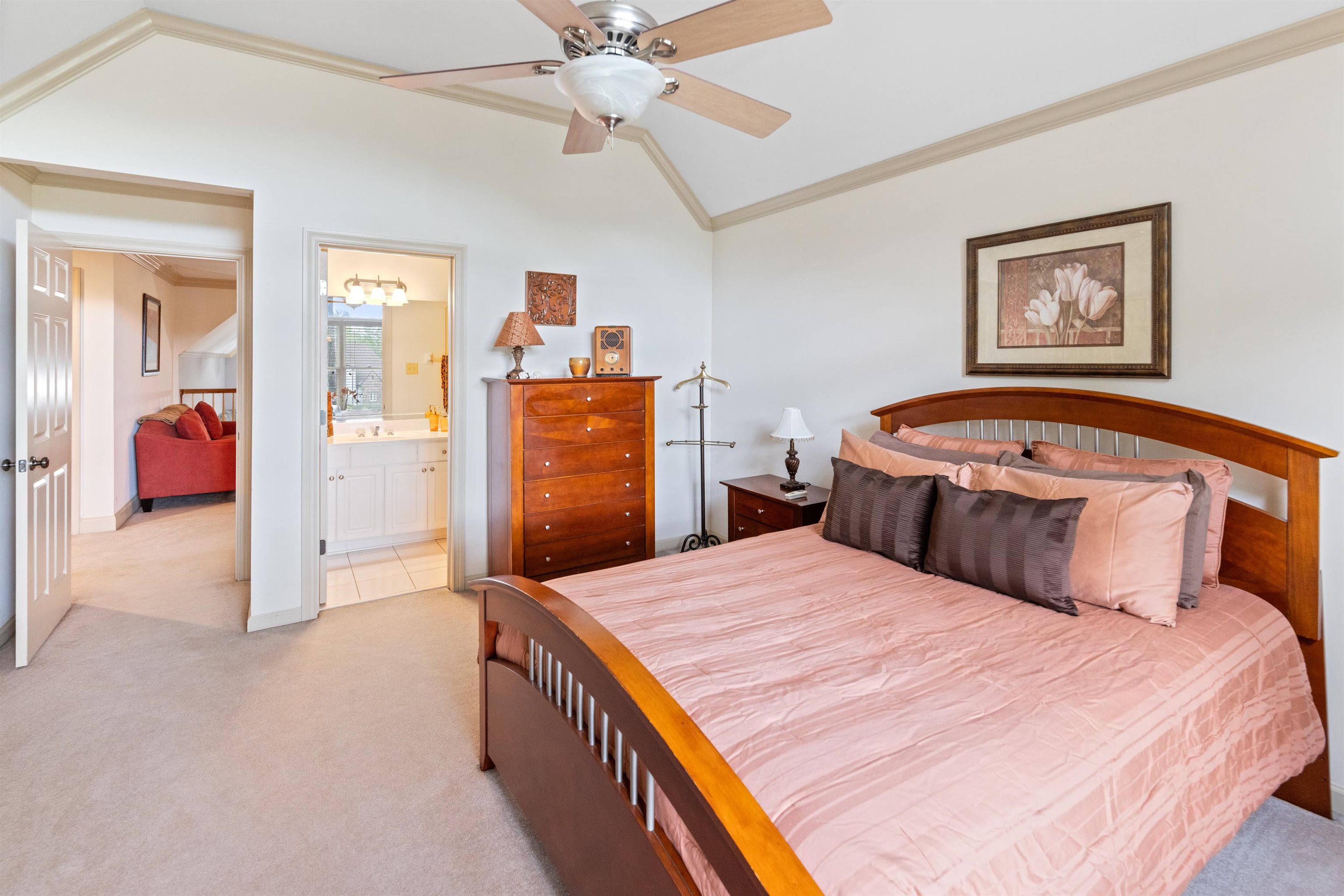 11241 Latting Road Eads, TN 38028 - Photo 29 of 31 Carpeted bedroom with ceiling fan, lofted ceiling, ensuite bath, and crown molding