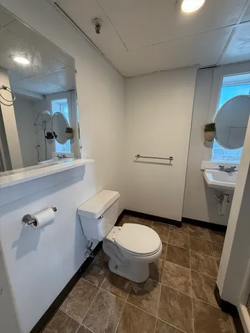 a bathroom with a toilet a sink and mirror