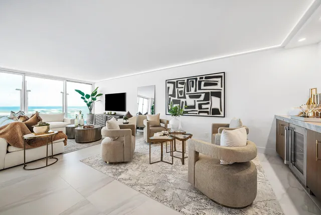 a living room with furniture large window and flat screen tv