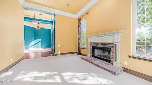 a view of a dining room with furniture window and outside view