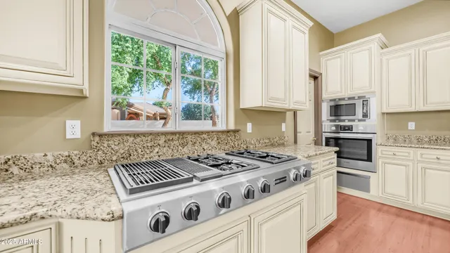 a view of a backyard with plants and a patio