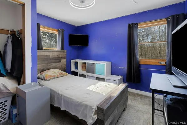 a bedroom with a bed and a flat screen tv
