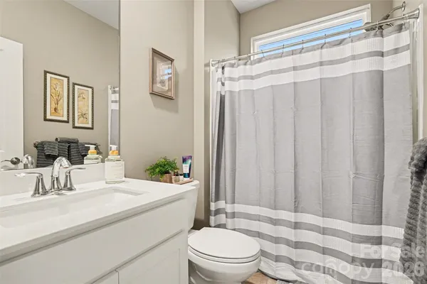 a bathroom with a sink toilet a mirror and shower curtain