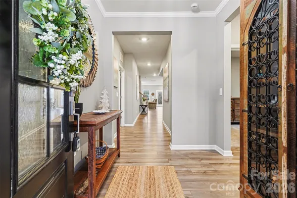 a view of a hallway with wooden floor and a potted plant