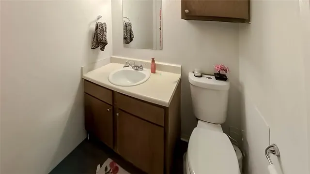 a bathroom with a sink toilet and a mirror