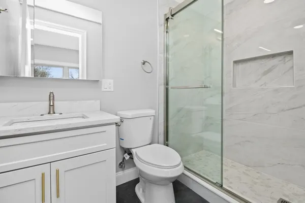 a bathroom with a toilet sink vanity and shower