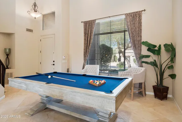 a room with pool table and a potted plant