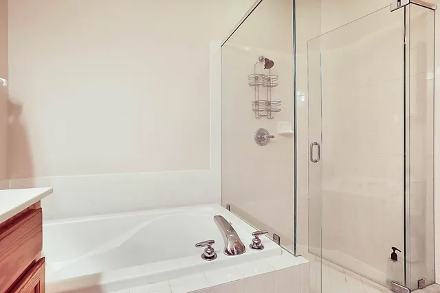 a bathroom with a bathtub and a shower
