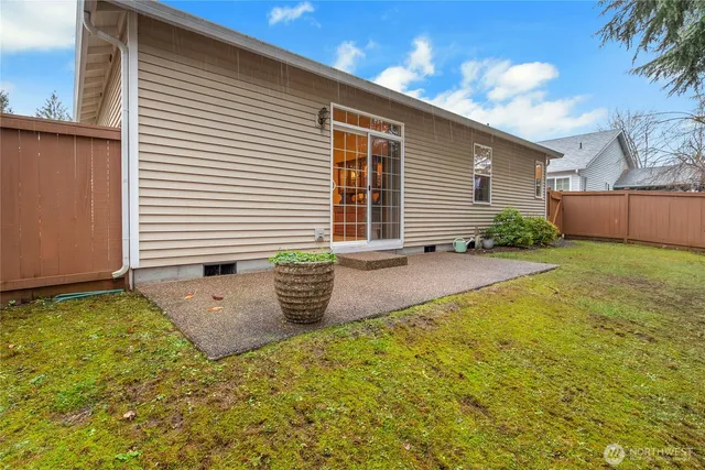 a view of a backyard with plants and a patio